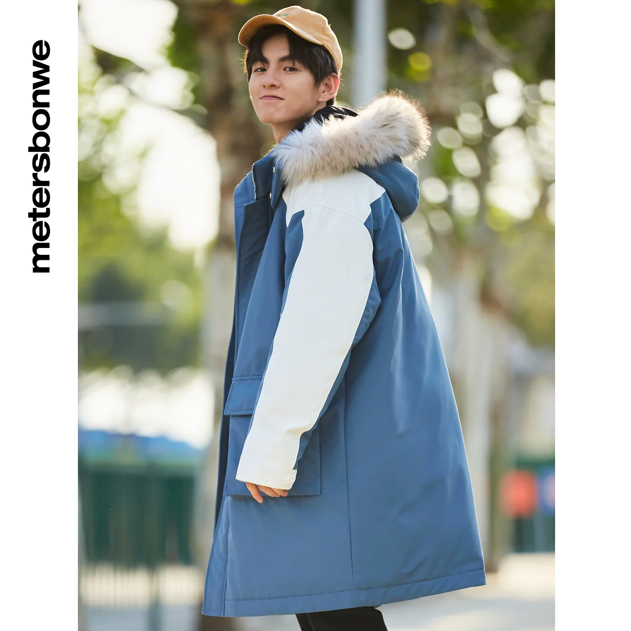 Metersbonwe Contrast Sleeve And Color Blockin Down Jacket For Men Loose Long 80% Gray Duck Down Jacket Hooded Warm Winter Coat