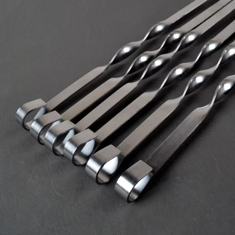 Long Handle BBQ Skewers Shish Kebab 55cm Barbecue Grill Sticks Wood BBQ Fork Stainless Steel Outdoor Grill Needle Bags