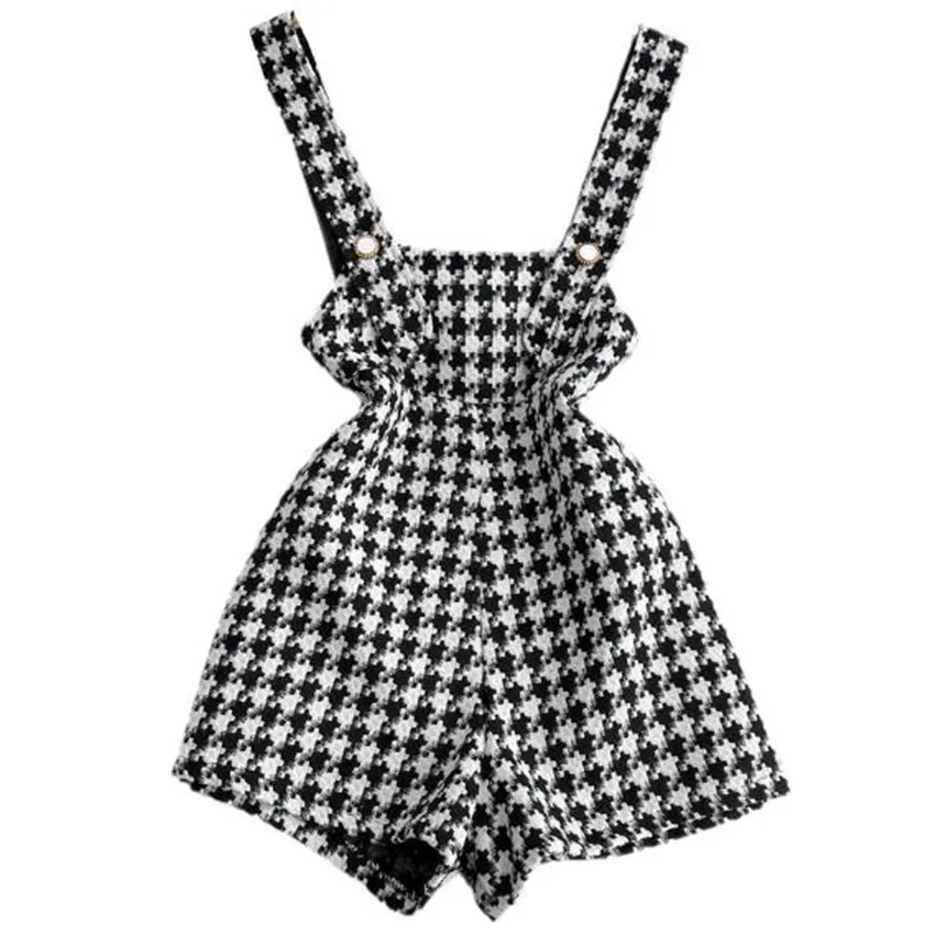 

Retro Autumn Winter Houndstooth Tweed Wool Overalls Shorts Women High Waist