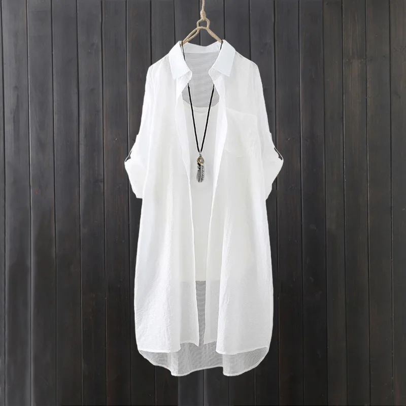 Summer Shirt Mid-length Vermicelli Striped Top Loose and Fashionable Cardigan Sunscreen Thin Jacket 3