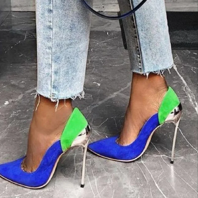 

Серебристые металлические туфли-лодочки на высоком каблуке, синие, зеленые замшевые Лоскутные туфли с острым носком и глубоким вырезом, женские вечерние туфли на каблуке