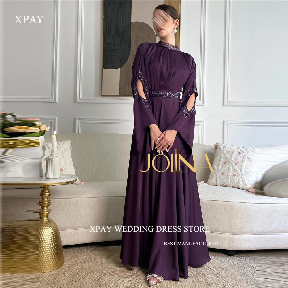 

XPAY Elegant Grape Purple A Line Evening Dresses High Neck Long Sleeves Silk Chiffon Draped Floor Length Formal Party Prom Dress