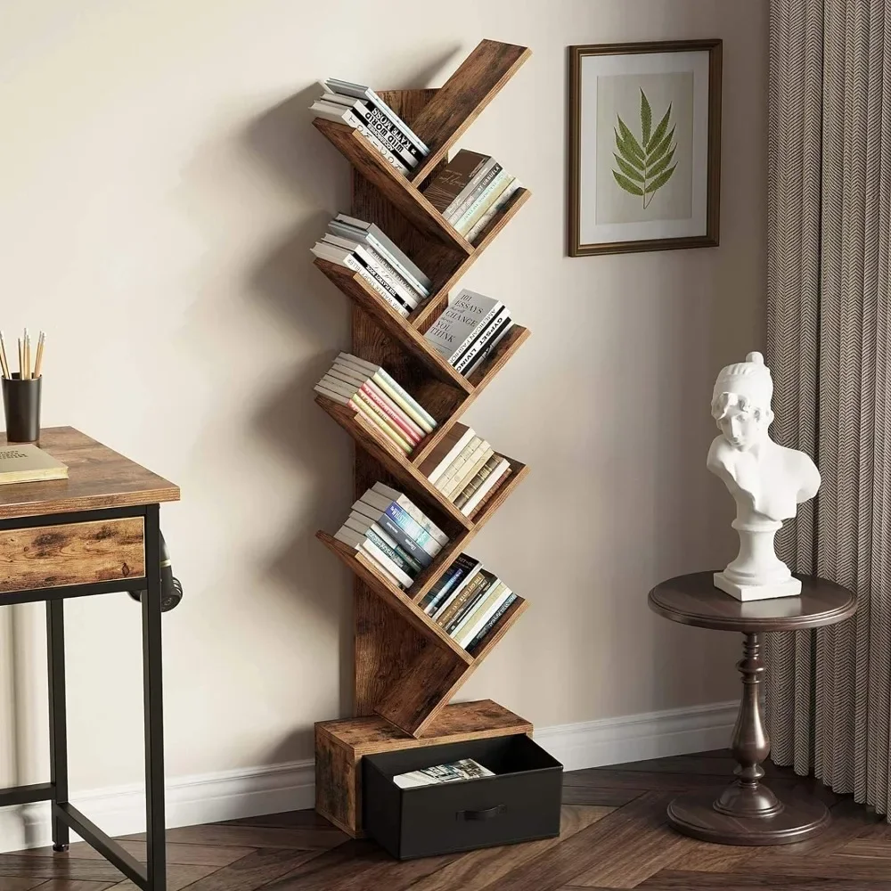 Tree Bookshelf with Drawer, 9-Tier Tree Bookshelf, Wooden Bookshelves Storage Rack, Rustic Brown Bookcase