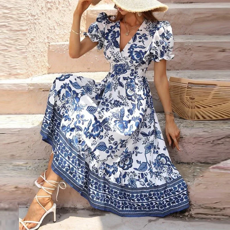 

Elegant Dresses for Women V Neck Flower Print Short Sleeve A-line Long Dress Women Summer Casual Bohemia Dresses for Women