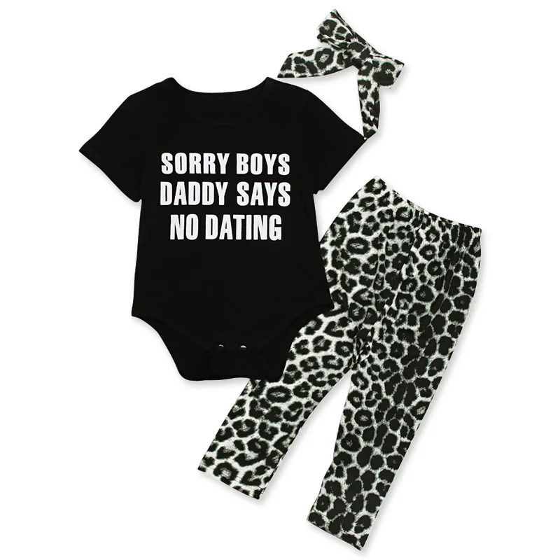 

3Piece Spring Fall Newborn Baby Girl Clothes Set Fashion Letter Black Short Sleeve Infant Bodysuit+Print Pants+Headband BC2246-1