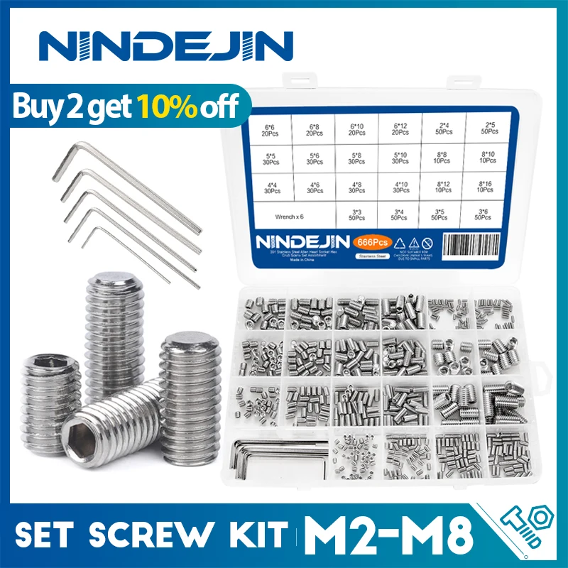 666pcs Hexagon Socket Flat Point Set Screw Stainless Steel Grub Screw Kit  M2 M3 M4 M5 M6 M8 Headless Screw Assortment Kit - AliExpress