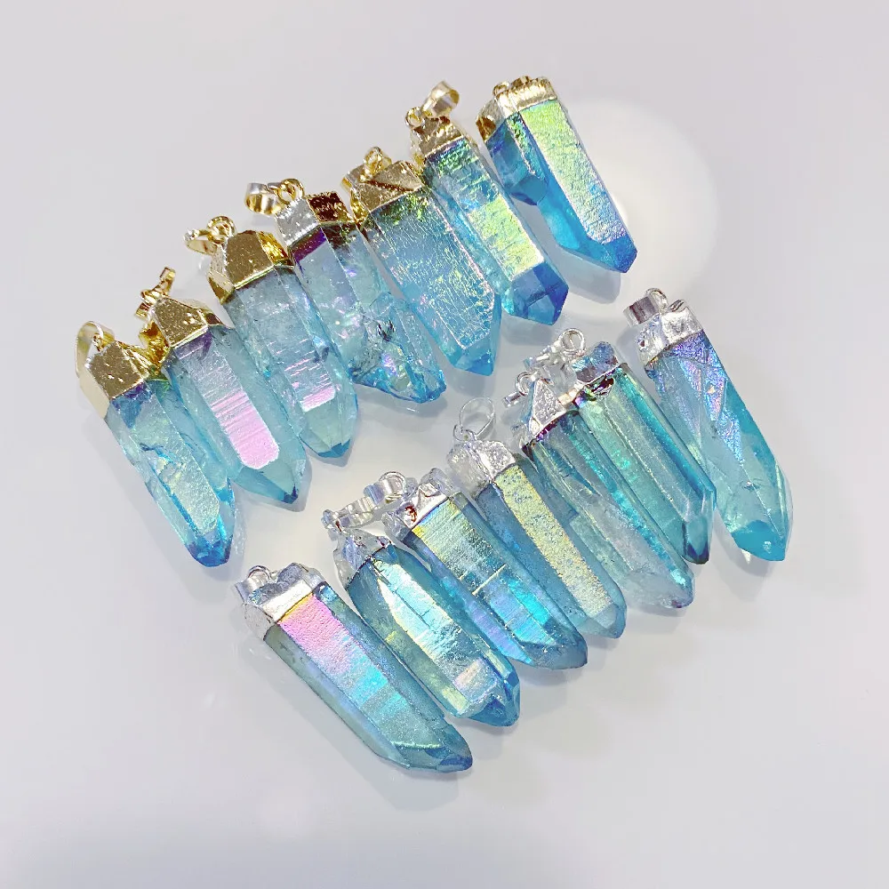 5 Pieces Aqua Blue Angel Aura Quartz Point Pendant with Silver Plated, Gold Electroplated Healing Crystal Gemstone Charm Jewelry 4