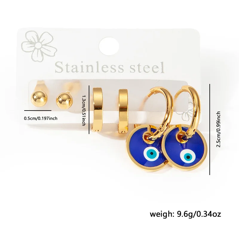 Chic Stylish Trendy 18K Gold Plated Stainless Steel Blue Turkish Eyes Earrings Jewelry 3Pair/Set Earrings For Women 7