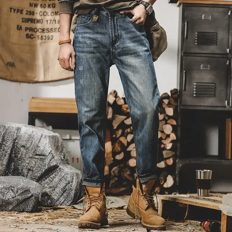 

Trousers Vintage with Pockets Male Cowboy Pants Straight Tapered Jeans for Men Plus Size Original Autumn Clothing Korean Fashion