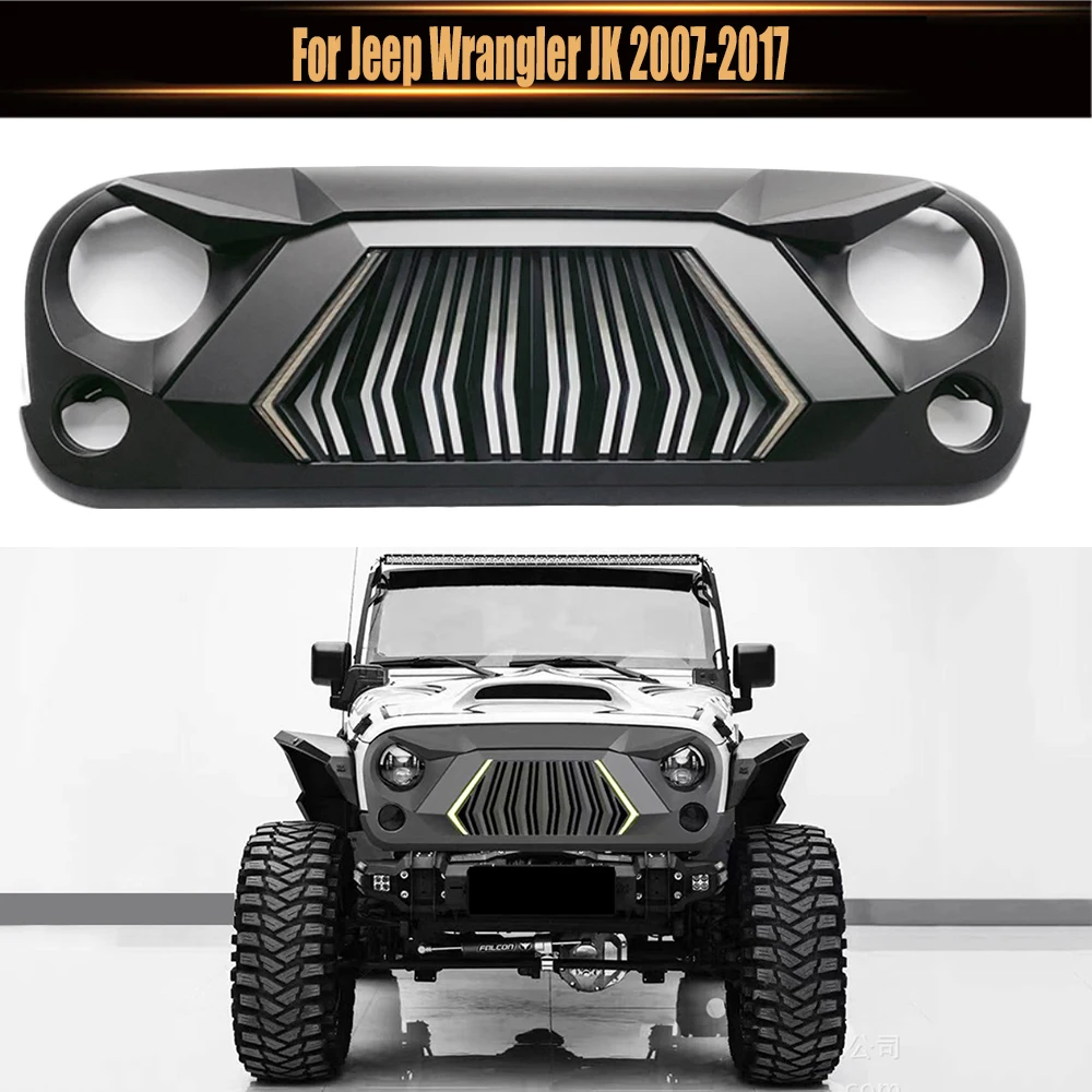 

For Jeep Wrangler JK 2007-2017 Upper Grid Racing Grills With DRL Light Upgrade Warcraft Style Front Bumper Grille Mesh Cover