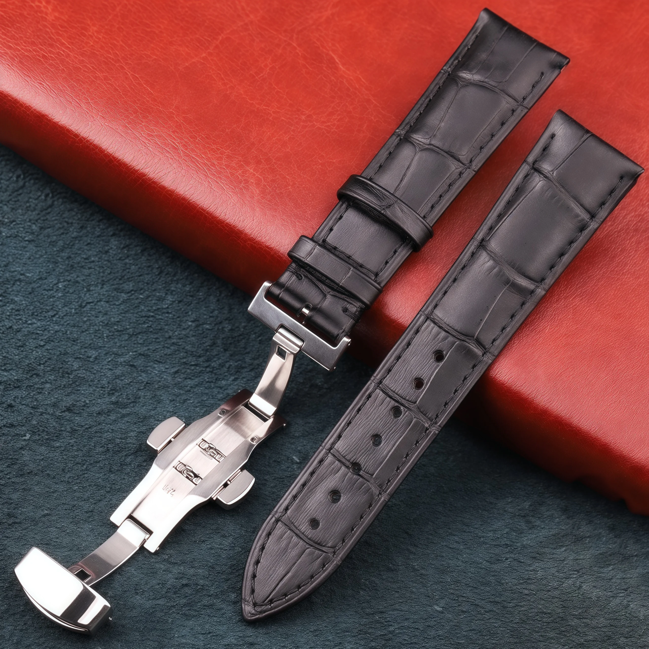 Premium Genuine Top Grain Leather Watch Band with Deployment Clasp, Universal Size 18-24mm