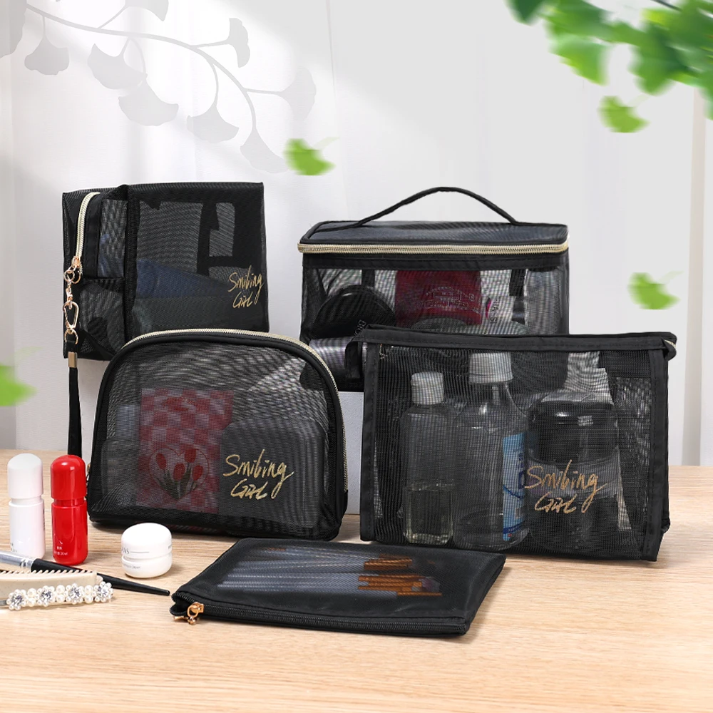 Large-Capacity Black Mesh Makeup Case Organizer Storage Pouch Casual Zipper Toiletry Wash Bags Make Up Women Travel Cosmetic Bag 3