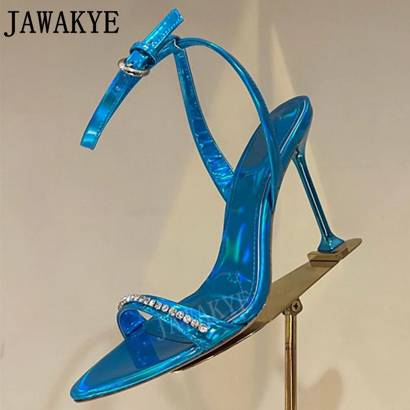 

Summer Sexy Pointed Open Toe Sandals Blue Leather High Heels Crsytal Strap Party Shoes Women Stilettos sapatos femininos de luxo