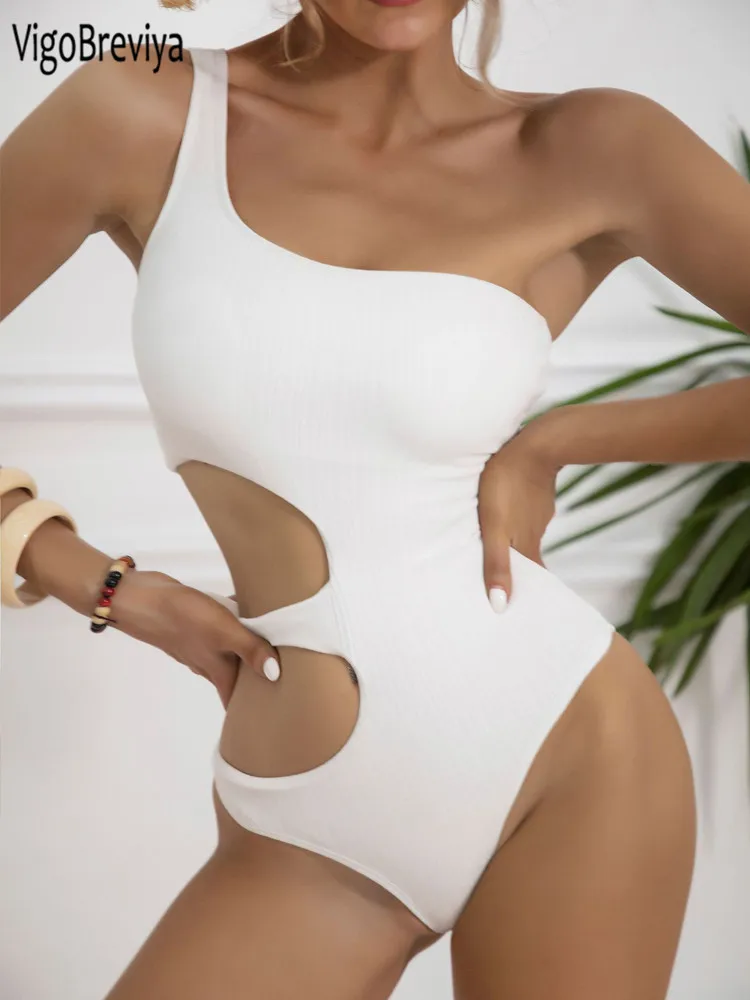 

VigoBeviya 2024 Sexy Solid One Shoulder Swimwear Women Hollow Push Up One Piece Swimsuit Monokini Backless Beach Bathing Suit