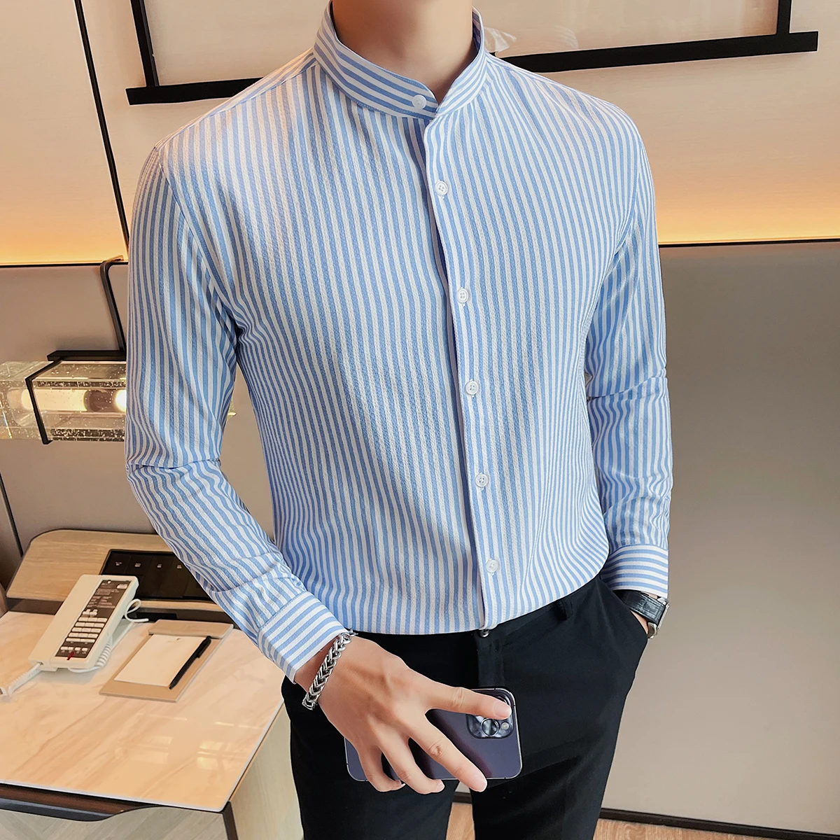 

2024 Men Cotton Long Sleeve Button Clothing Business Shirts Casual Button Engraving Slim Fit Party Large Size Fashion Tops N107