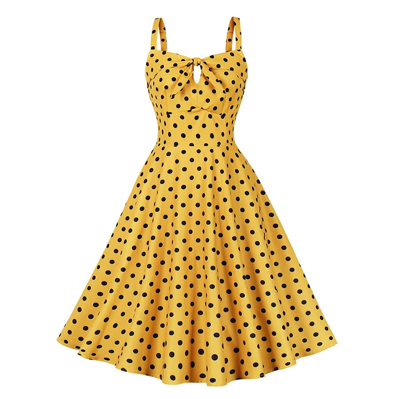

Summer Fashion Vestido de festa Women Spaghetti Strap Yellow Polka Dot Printed Casual Vintage Cut out Party A Line dress