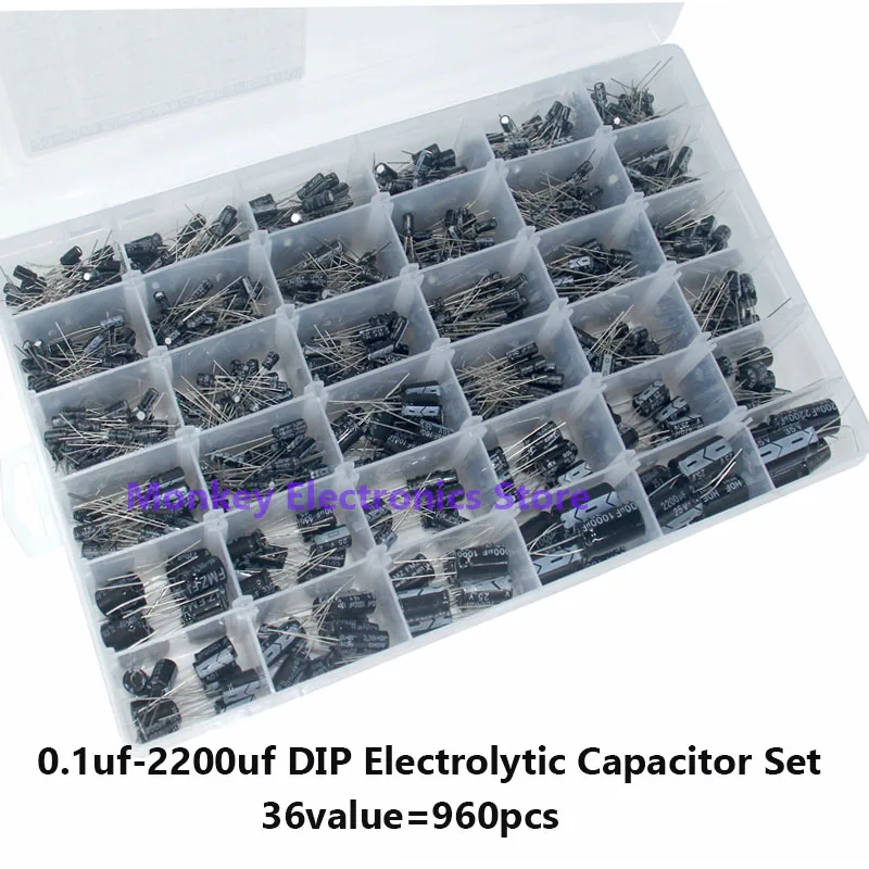 Aluminum Electrolytic Capacitor Set Box DIP 25V/35V 0.1uf-2200uf 36Value 960pcs