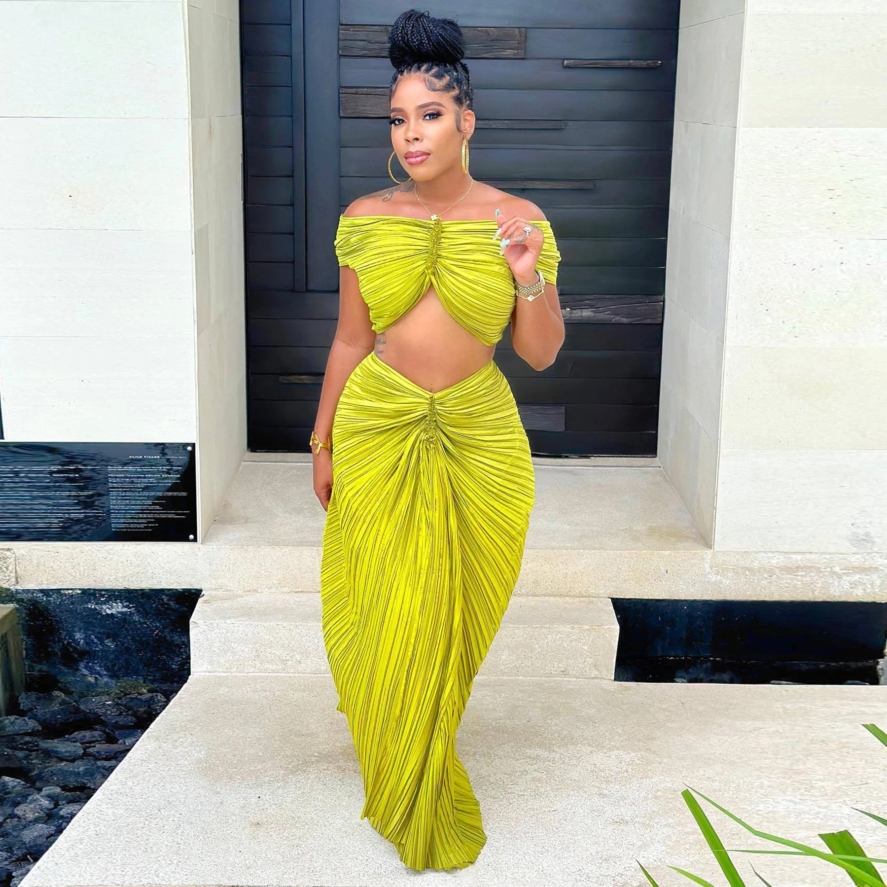 

Crop Tops 2 Piece Skirt Sets 2023 Summer Women Elegant Luxury Party Club Long Pleated Dress Sexy Two Piece Skirt Set Outfit