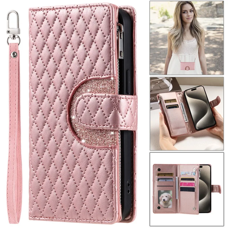 Premium Flip Leather Phone Case with Long Lanyard and Zipper Wallet Card Holder