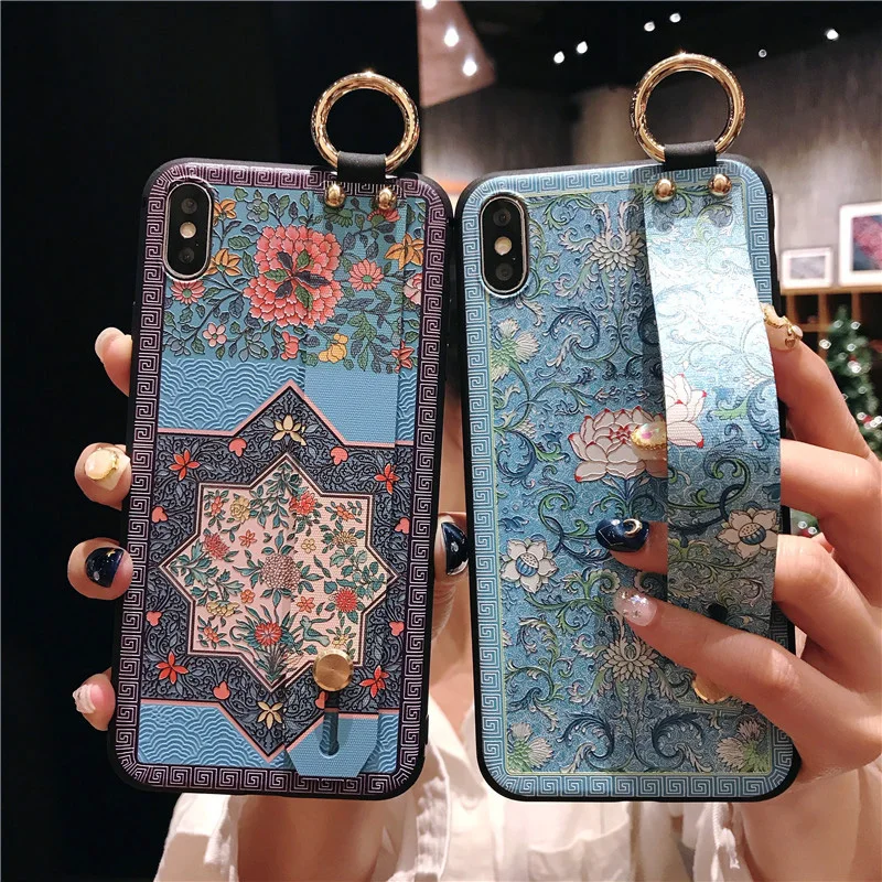 Traditional Flower Soft TPU Phone Holder Case with Wrist Strap Cover