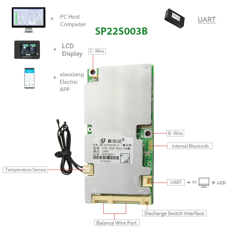 JBD 스마트 BMS 블루투스 앱 밸런스 보호 보드, 6S-22S, 13S, 14S, 16S, 48V, Lifepo4 리튬 이온 배터리, 40A, 50A, 80A, 100A