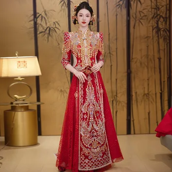 Chinese Red Long Tailing Wedding Dress Bride Toast Clothing Tang Suit Hanfu Formal Sequins Beading Tassels Qipao