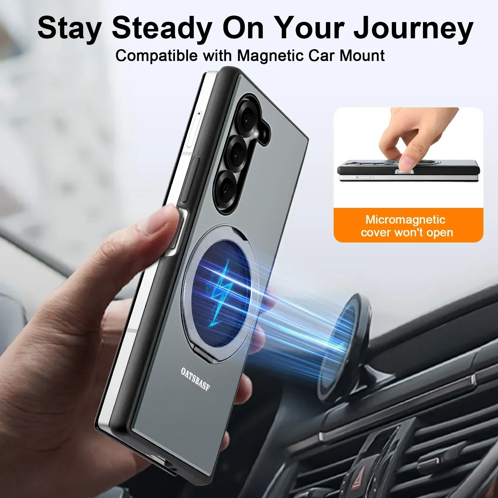 Eary For Samsung Galaxy Z Fold 6 5 Phone Case With Magsafe Kickstand 360° Rotatable Leather Full Body Protective Cover with Ring