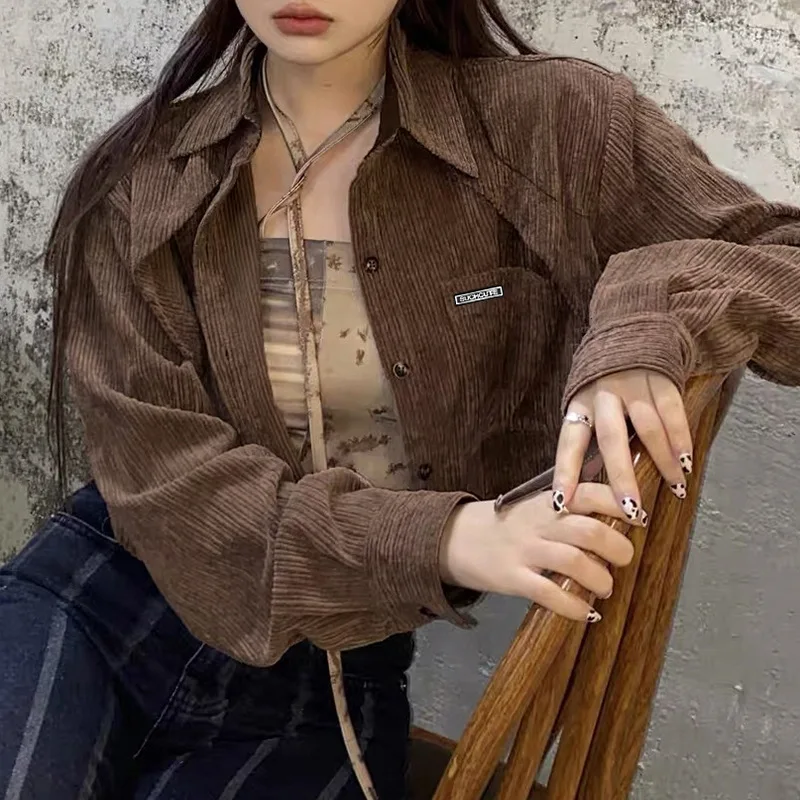 Fall Winter Women Corduroy Short Coats Shirt Pocket Hooded Jacket Goth Full Sleeve Zipper Crop Hoodies Female Y2k Top Punk Coat