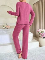 Women Autumn Winter Sleepwear Ribbed Pajamas Set Long Sleeve Top and Long Pants 2 Piece Set Casual Homewear Loungewear - Image 2
