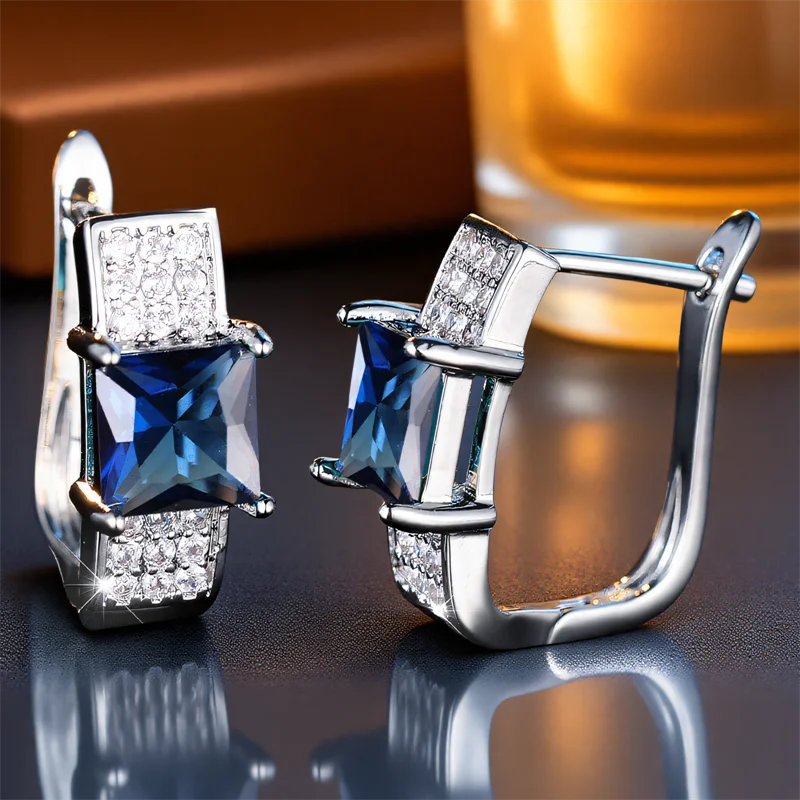 Cute Square Blue Zircon Green Stone Hoop Earrings For Women Charm Female Silver Color Wedding Jewelry Gift