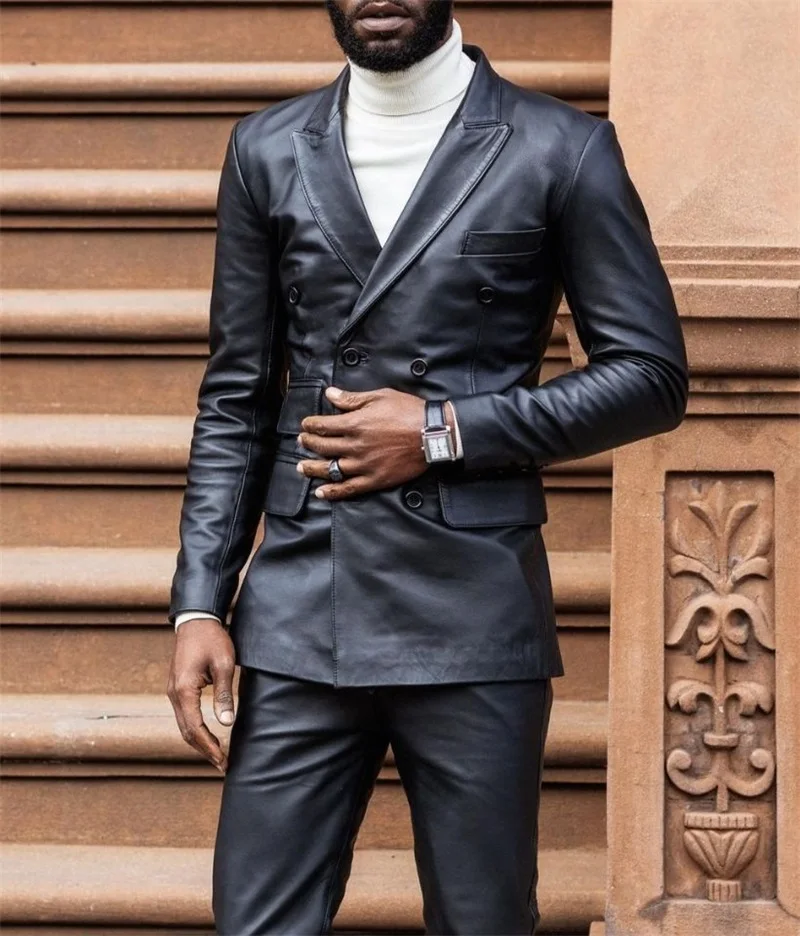 PU Leather Men Suits Set 2 Pcs Blazer Pants Wedding Tuxedo Prom Dress Formal Double Breasted Party Jacket