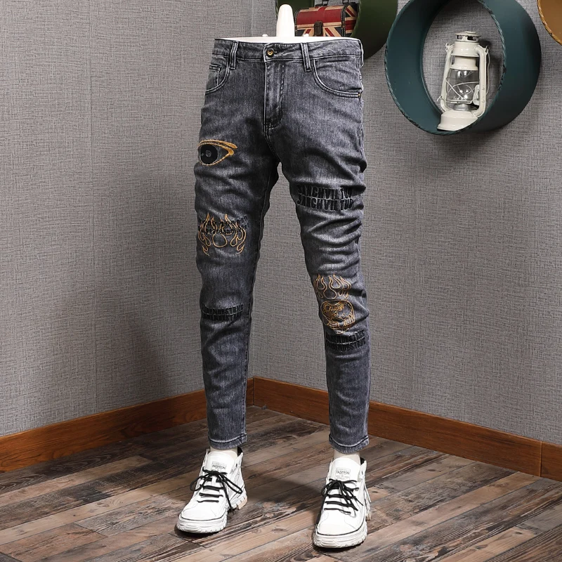 mezelf Gehoorzaamheid esthetisch Fashion Streetwear Men Jeans Retro Black Gray Elastic Slim Fit Embroidery Designer  Jeans Men Trousers Hip Hop Denim Punk Pants - Jeans - AliExpress