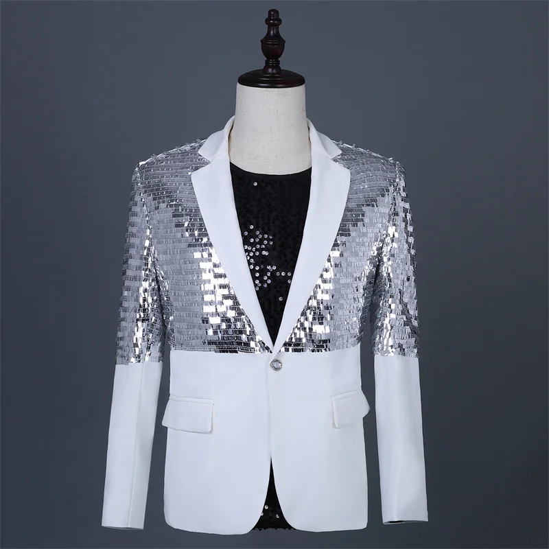 

White Casual Suit Male Singer Sequin Performance Costume Host Emcee Stage Dress Bar Nightclub DJ Performance Clothing