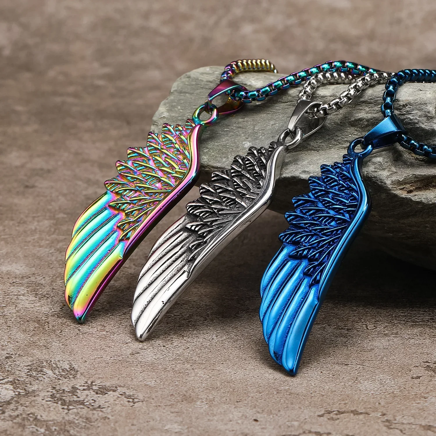 

Trend Feather tainle teel Wing Pendant Men' Necklace Chains
