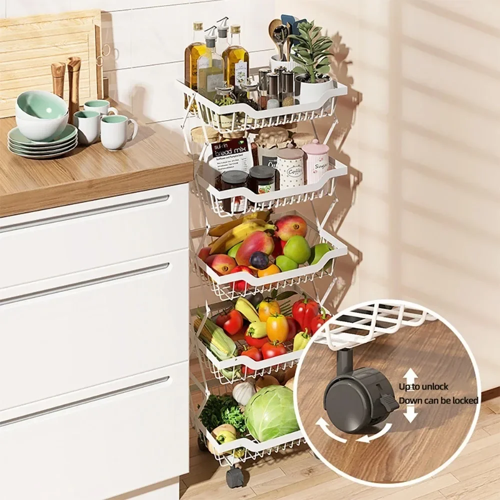 Movable Kitchen Fruit Basket Stackable Crevice Vegetable Storage Cart Floor-Mounted Multi-Layer Shelf Folding Rack Trolley Cart 4
