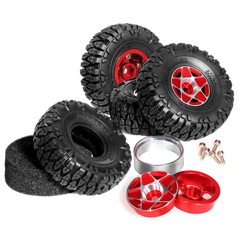 1.0 Inch Alloy Beadlock RC Truck Tires & Wheels For 1/18 & 1/24 TRX4M, SCX24, FCX24 Crawlers (4pcs, Red) - View #2