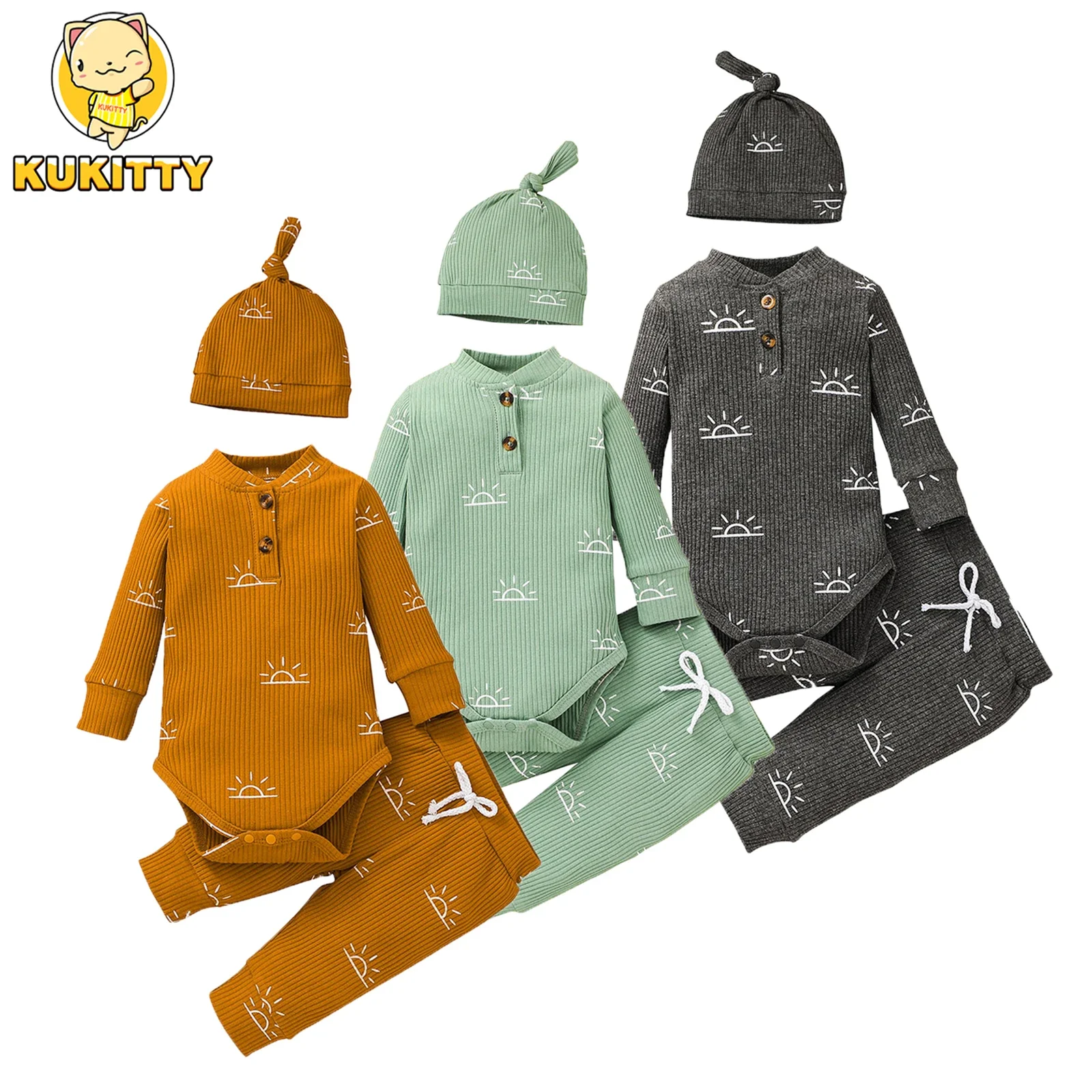 Baby Boy Clothes Set 3PCS baby outfits,baby boy outfits Spring Autumn Knitted V-neck Romper+infant Pants+Cap Newborn Outfit