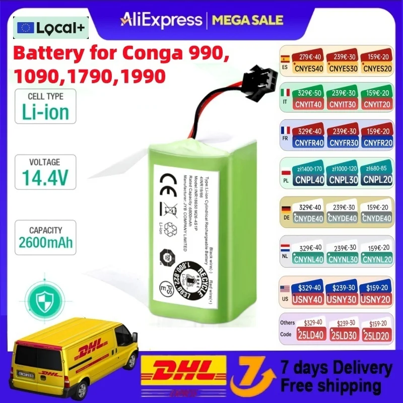 Original 14.4V 2600mAh Replacement Battery for Conga Excellent Deebot N79S N79 DN622 Robovac 11 Tesvor X500