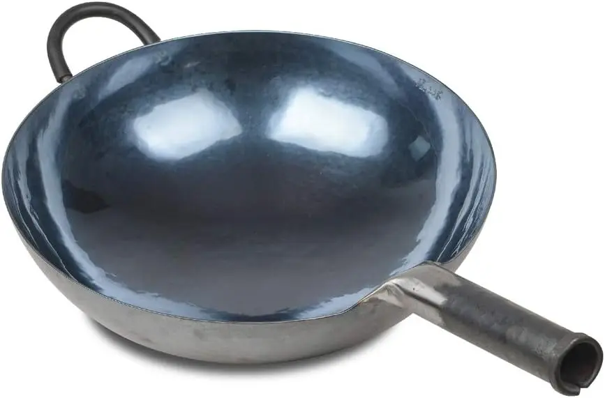 

Hand Hammered Iron Woks and Stir Fry Pans, Non-stick, No Coating, Carbon Steel Pow (34CM, BlueBlack Seasoned with help handle)