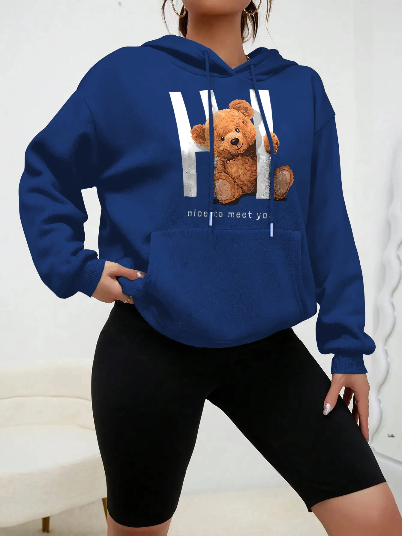 

2024 Spring Women Clothing Bear Print Retro Hoodies Long Sleeve Jacket Coats Harajuku Casual Pocket Hooded Sweatshirts