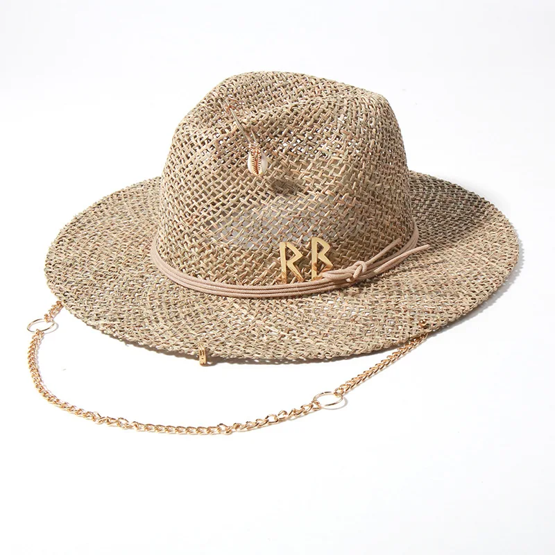 Women's Fashion Straw Sun Hat With Pin Design Openwork Letters Metal Chain European Style Summer Beach Cap_voghion.com