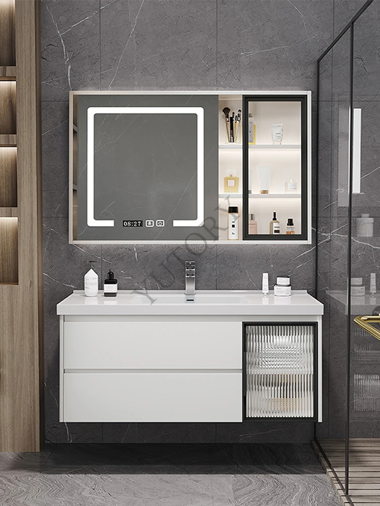 Light luxury solid wood smart bathroom cabinet combination bathroom washbasin ceramic integrated basin