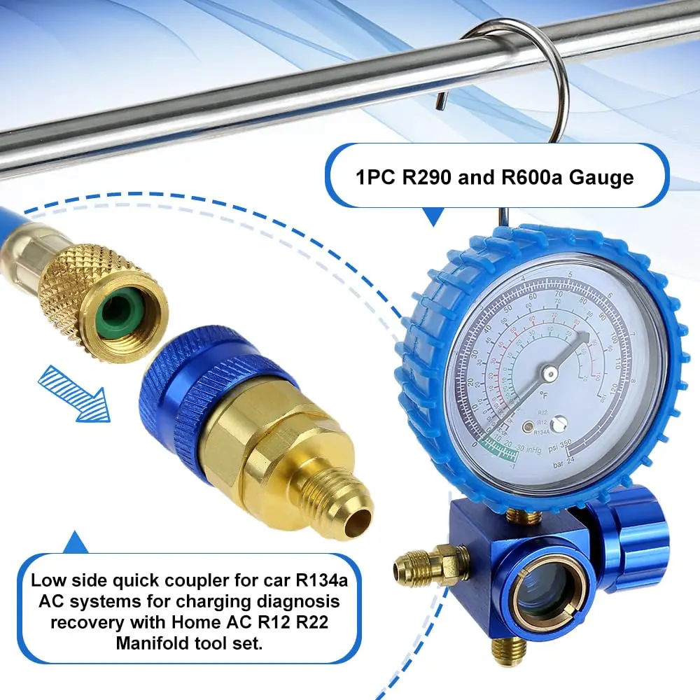 R134A Recharge Hose Kit R410A R134A R22 AC Charging Manifold Gauge Set with Self-Sealing/Puncture Can Taps