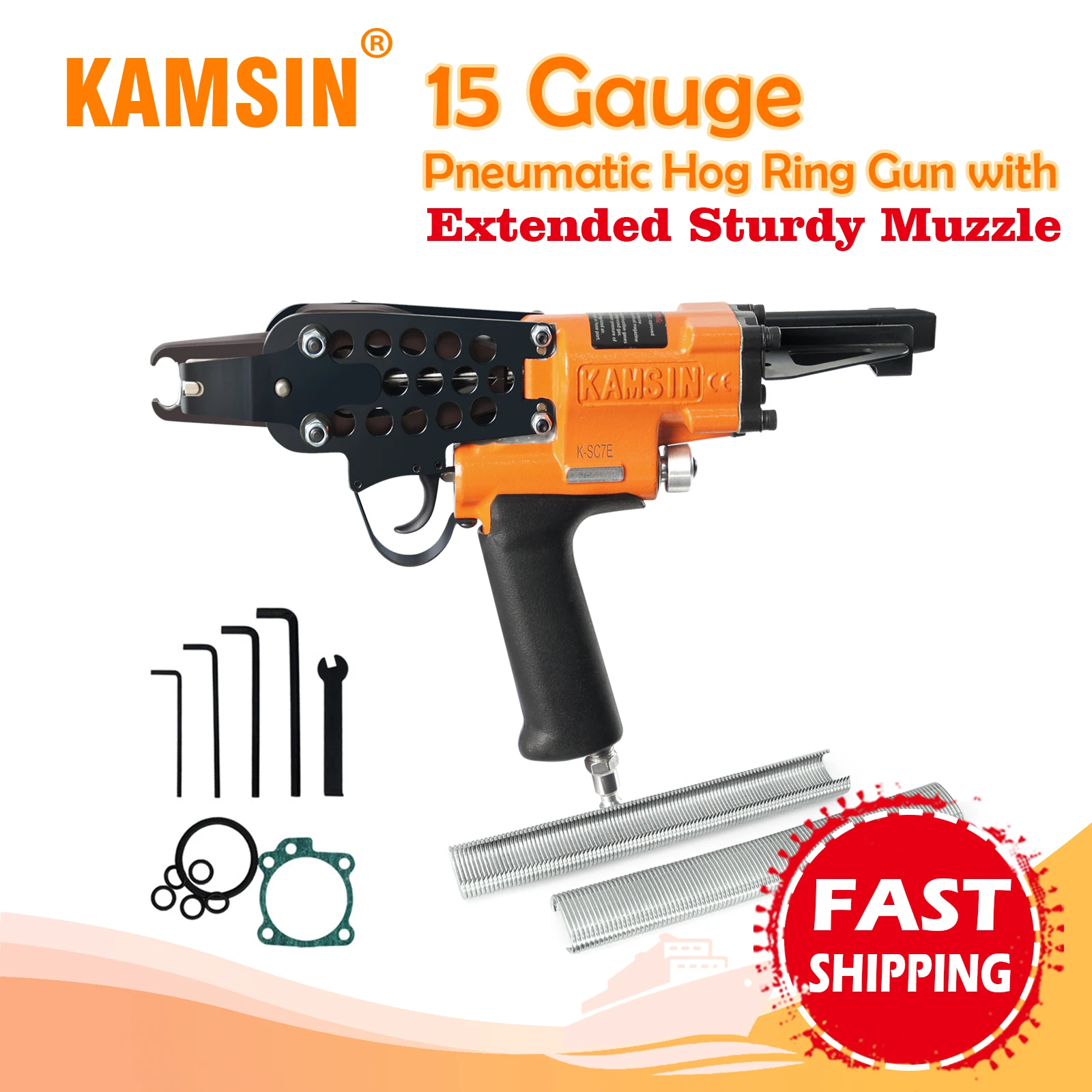 KAMSIN Hog Ring Gun K-SC7E 15 Gauge Pneumatic Long Nose  Kit with 4.8-8mm Closure Diameter Staples, for Wire Cages, Car Seats woodpecker pfc50 11 gauge heavy duty pneuamtic hog ring gun 45mm crown closure diameter 12 13mm air power tool for fencing