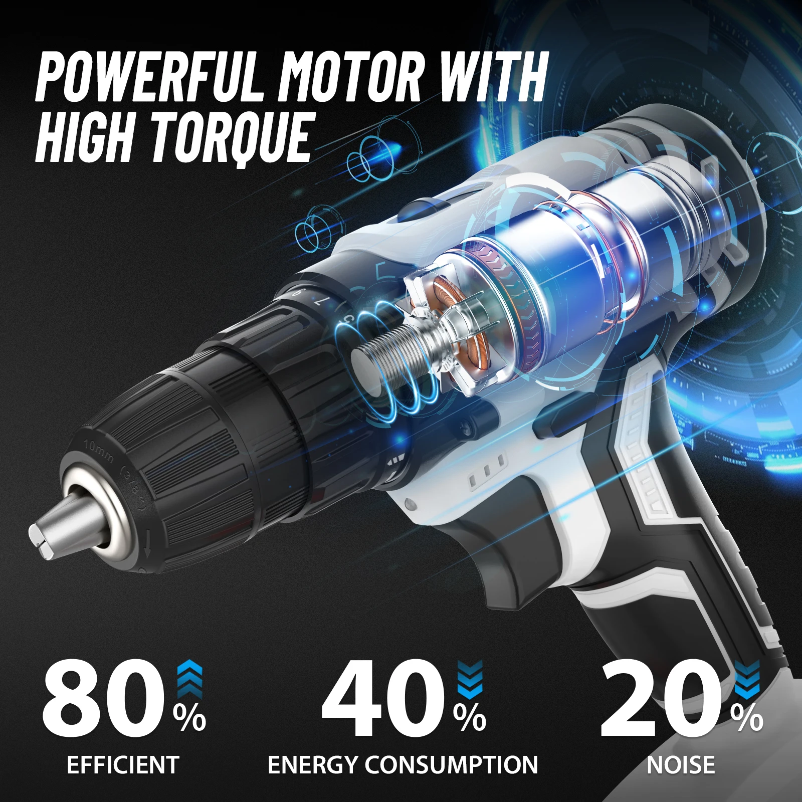 21V Akku-Bohrschrauber – 2 Geschwindigkeiten 45 NM elektrische Bohrmaschine mit hohem Drehmoment, 1/2 Stück 1,5 Ah Akku, LED-Licht und komplettem Zubehör – Detail 3