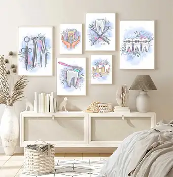 Pittura su tela di anatomia del dente dell'acquerello, poster e stampe floreali, decorazione della clinica odontoiatrica, regalo del dentista, parete Ar