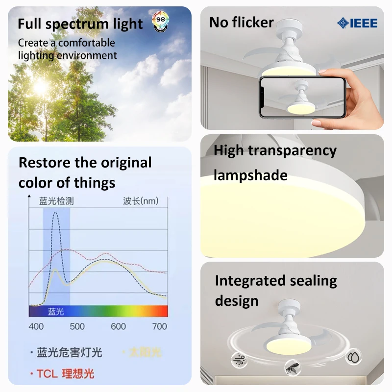 APP Control Ceiling Fan Light Retractable Blades Fans With Light Timing Dimmable Modern and Simple Bedroom Living Room Lighting