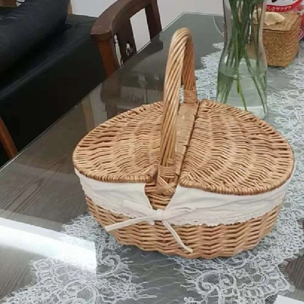 Handmade Large Wicker Basket Handle Picnic Bag Willow Woven Storage Hamper Double-Lid Camping Outdoor Fruit Holder Organizer