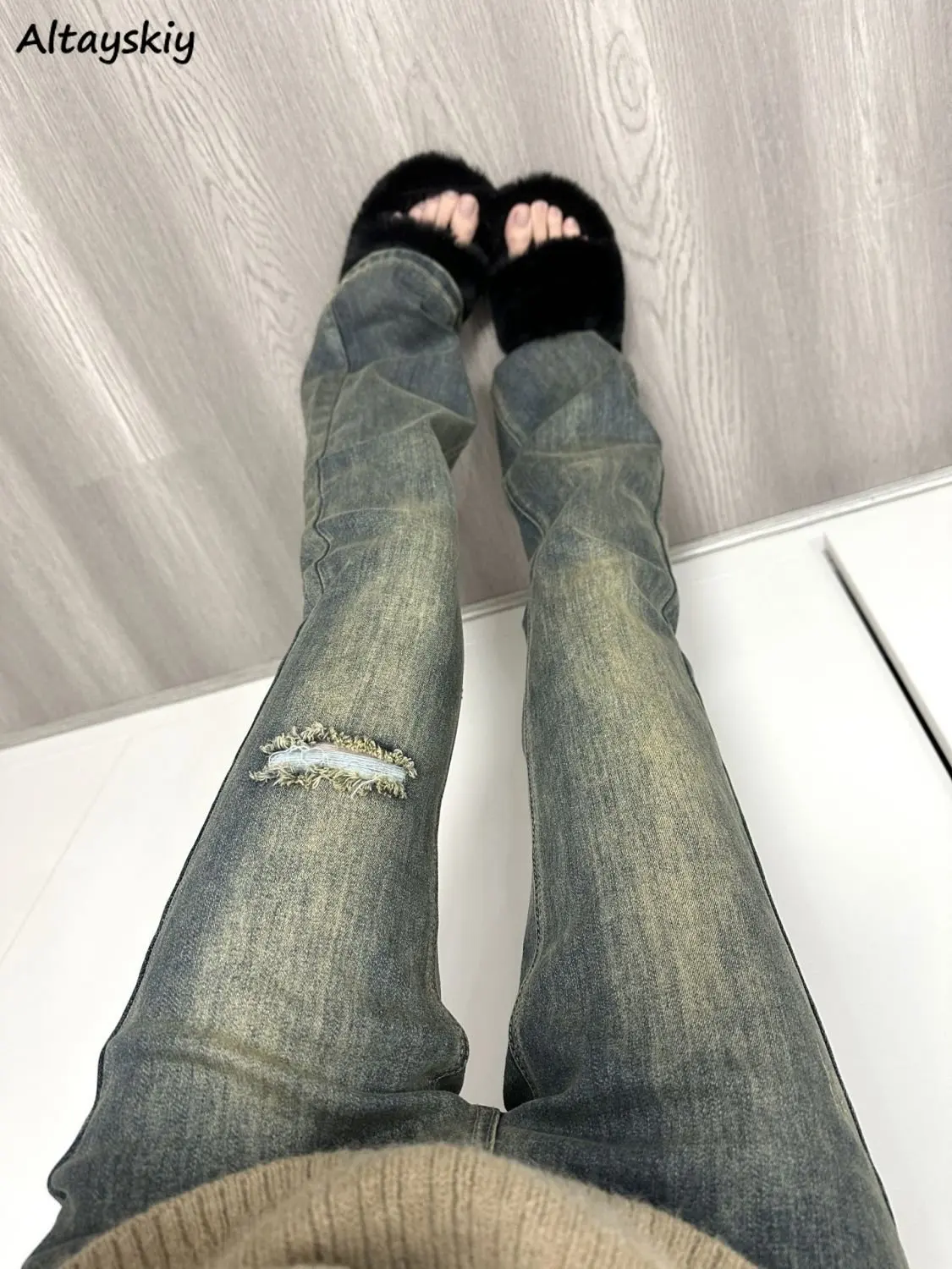 

Flare Jeans Women Elegant Vintage Ripped Design American Style Daily New Spring High Waist Leisure Full Length Bleached Fashion