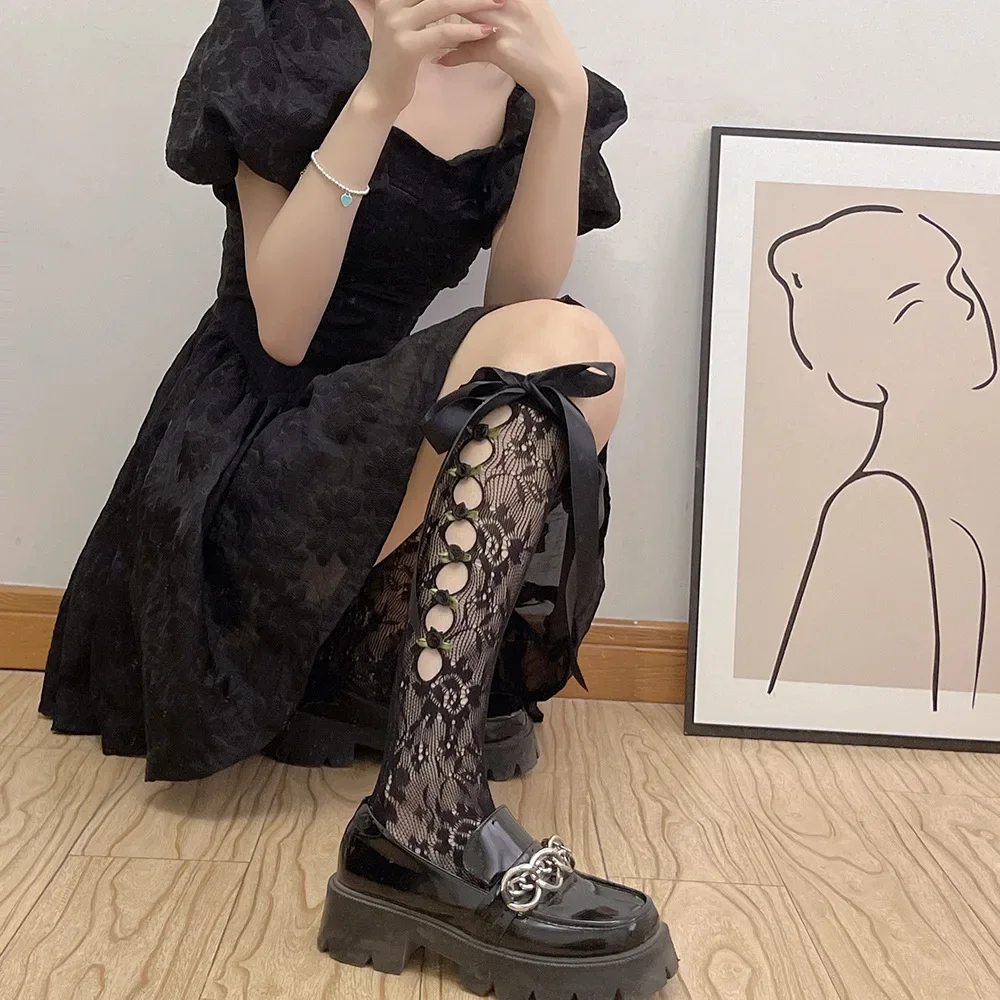 Frauen Sexy Spitze Mesh Weiß Schwarz Fishnet Kniehohe Lange Socken Dessous Nette Gothic Stil Rüschen Hohl Bogen JK Lolita Strümpfe – Detail 29